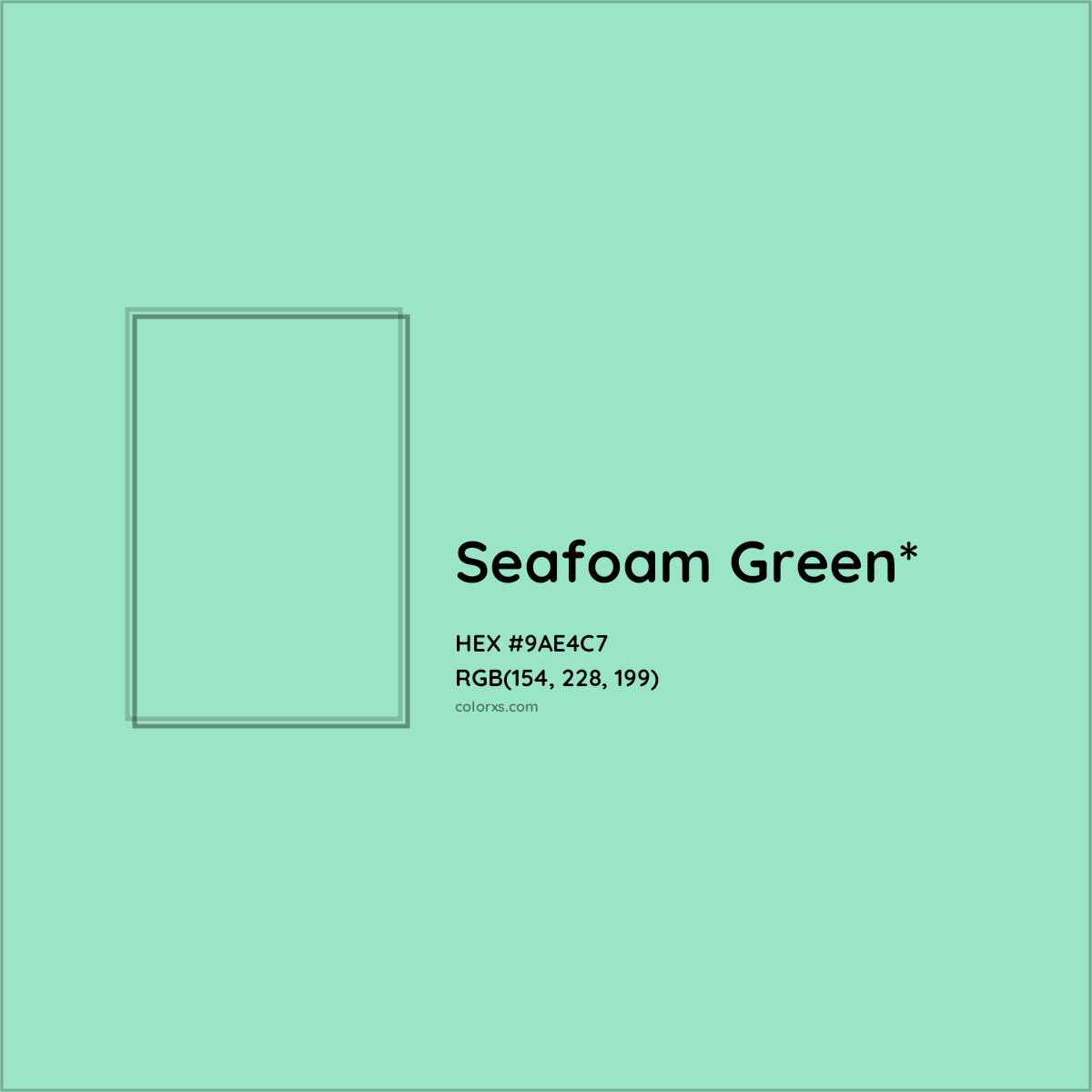 #9AE4C7 hex color. RGB, RYB, CMYK, HSL, HSV codes and color conversions. Matching color names, palettes, paints.