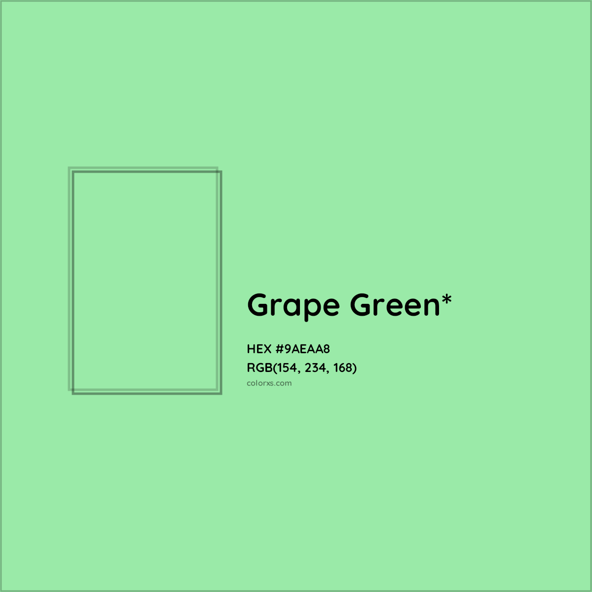#9AEAA8 hex color. RGB, RYB, CMYK, HSL, HSV codes and color conversions. Matching color names, palettes, paints.