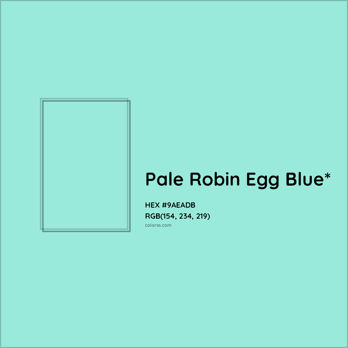 #9AEADB hex color. RGB, RYB, CMYK, HSL, HSV codes and color conversions. Matching color names, palettes, paints.