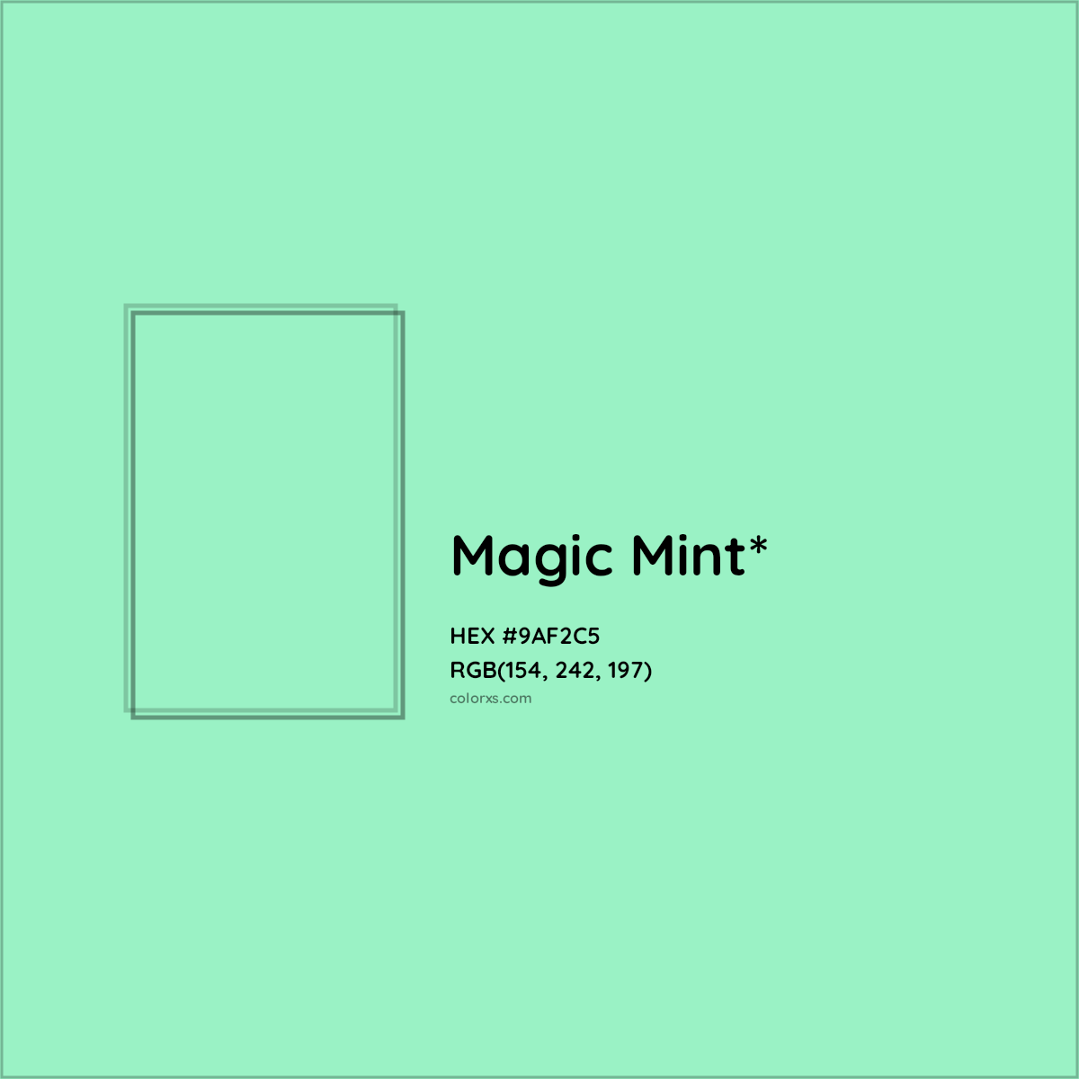 #9AF2C5 hex color. RGB, RYB, CMYK, HSL, HSV codes and color conversions. Matching color names, palettes, paints.