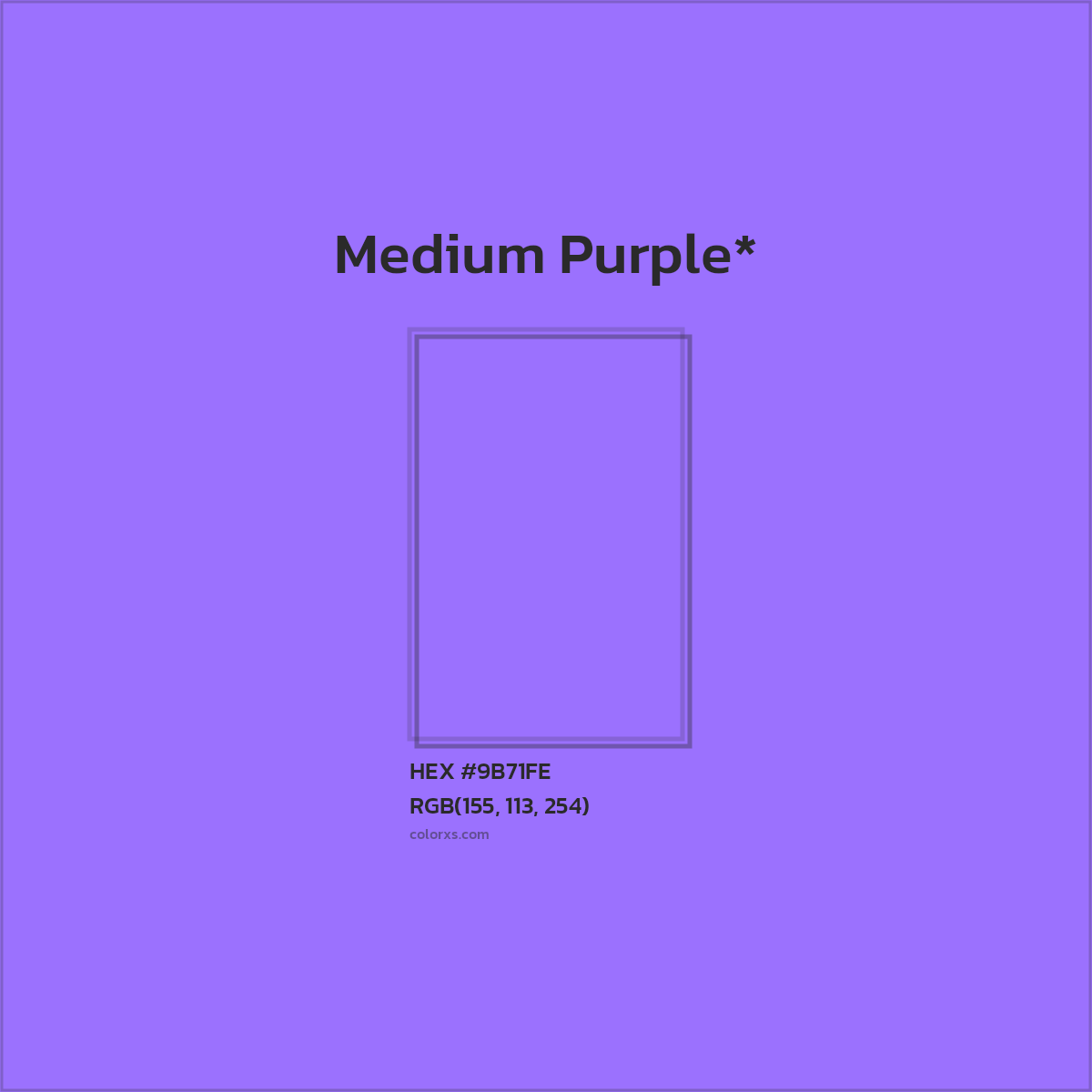 #9B71FE hex color. RGB, RYB, CMYK, HSL, HSV codes and color conversions. Matching color names, palettes, paints.