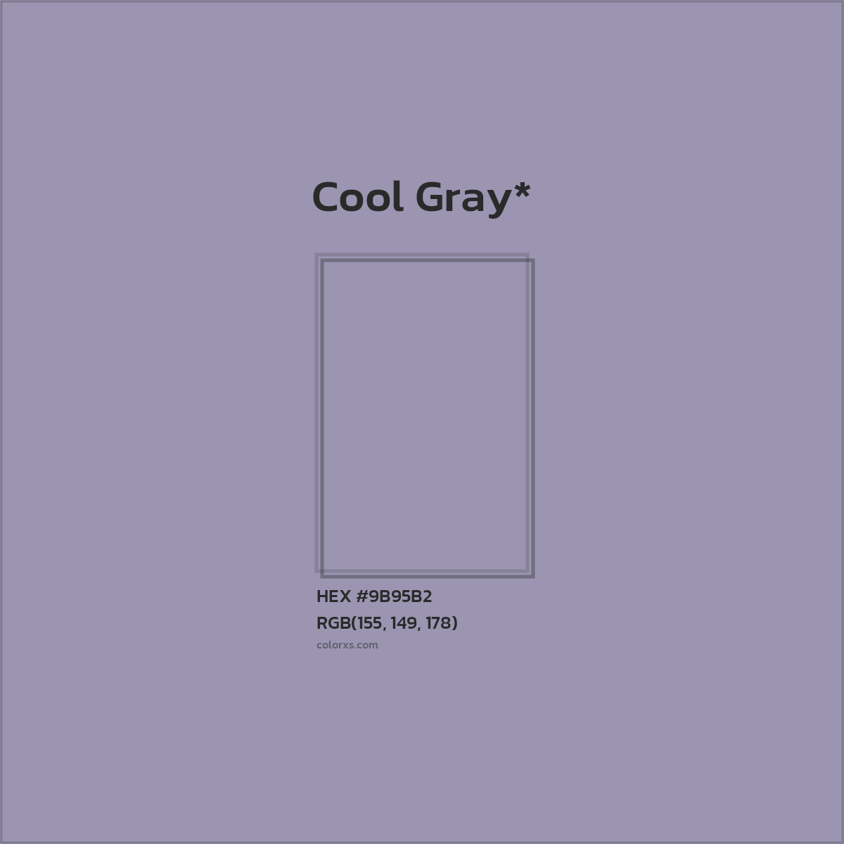 #9B95B2 hex color. RGB, RYB, CMYK, HSL, HSV codes and color conversions. Matching color names, palettes, paints.
