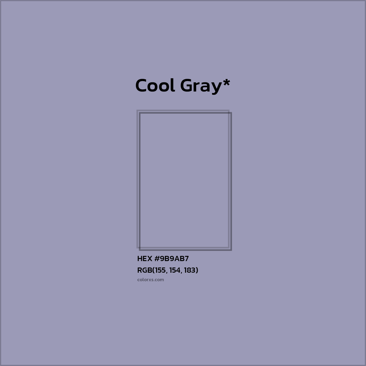 #9B9AB7 hex color. RGB, RYB, CMYK, HSL, HSV codes and color conversions. Matching color names, palettes, paints.