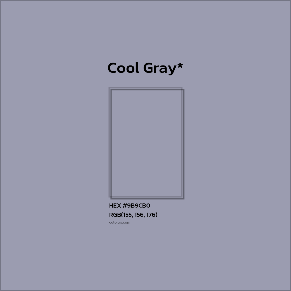 #9B9CB0 hex color. RGB, RYB, CMYK, HSL, HSV codes and color conversions. Matching color names, palettes, paints.