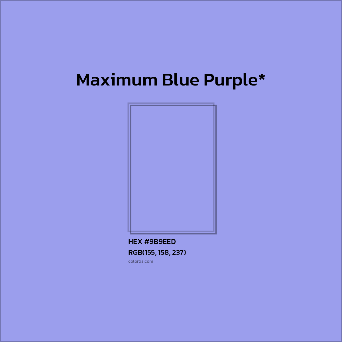 #9B9EED hex color. RGB, RYB, CMYK, HSL, HSV codes and color conversions. Matching color names, palettes, paints.