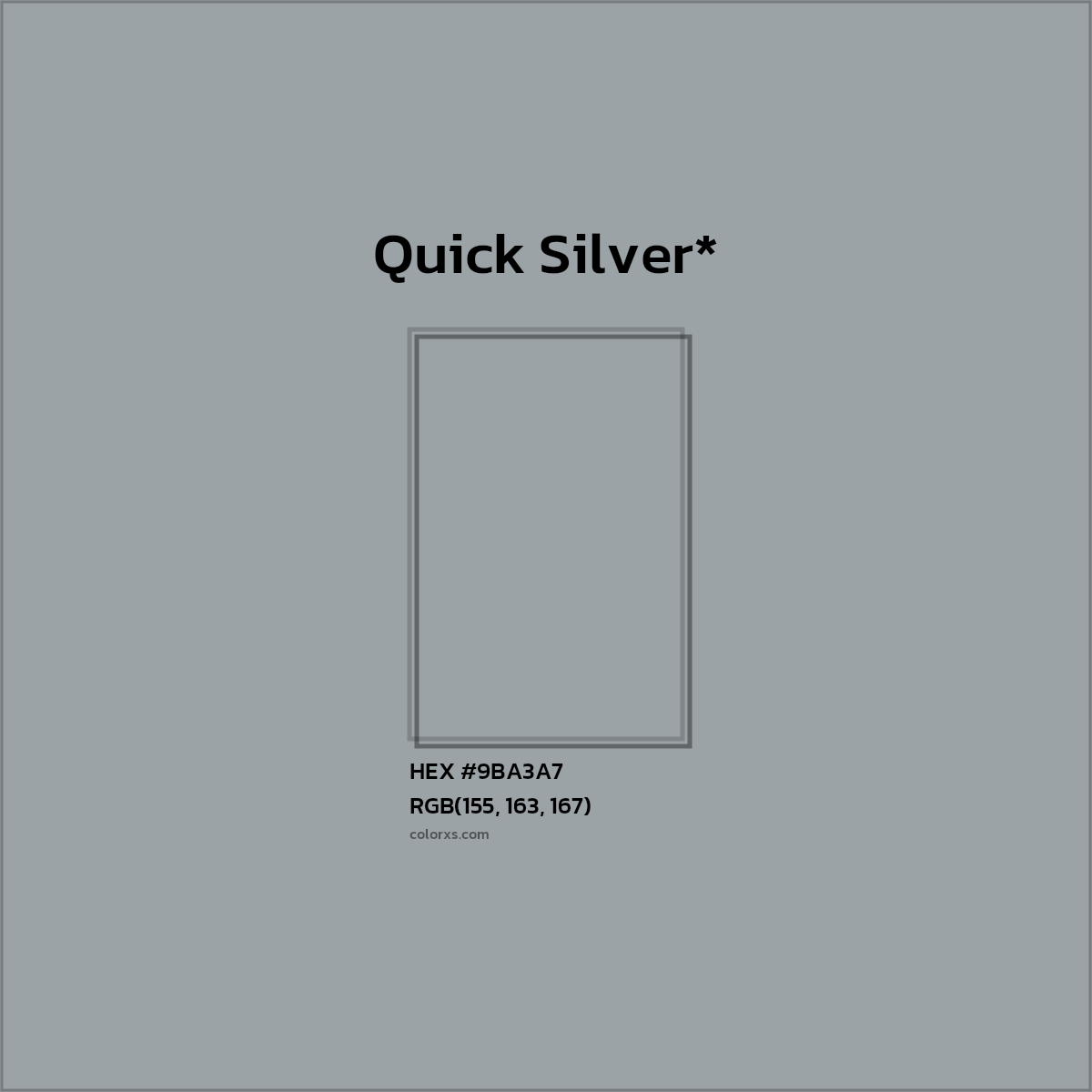 #9BA3A7 hex color. RGB, RYB, CMYK, HSL, HSV codes and color conversions. Matching color names, palettes, paints.