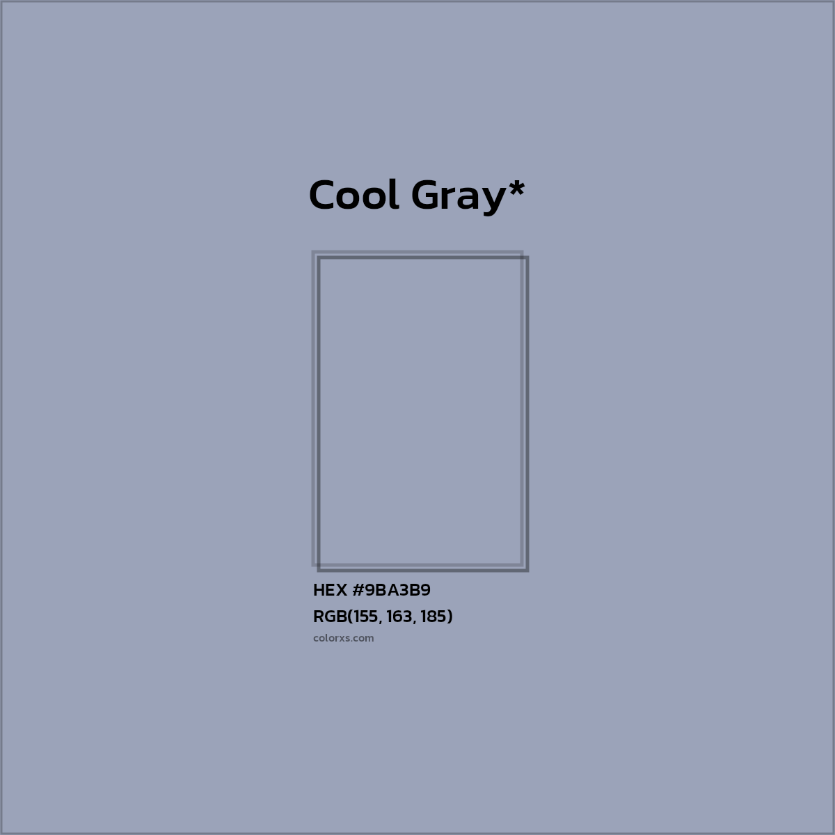 #9BA3B9 hex color. RGB, RYB, CMYK, HSL, HSV codes and color conversions. Matching color names, palettes, paints.