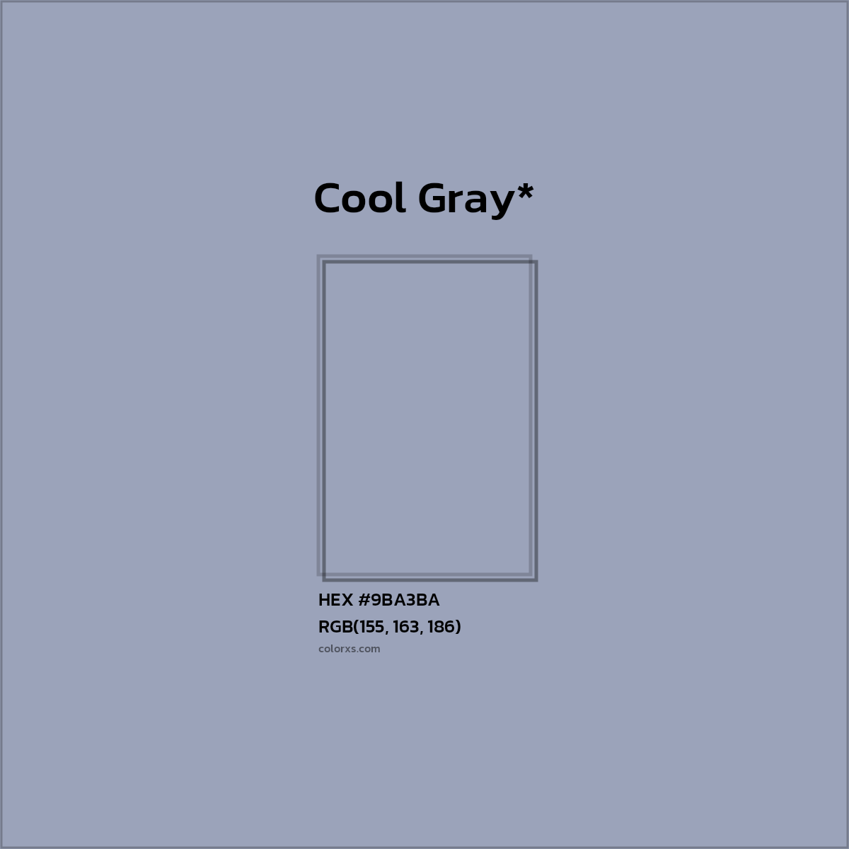 #9BA3BA hex color. RGB, RYB, CMYK, HSL, HSV codes and color conversions. Matching color names, palettes, paints.