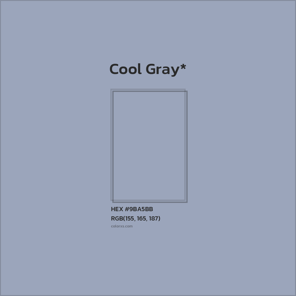 #9BA5BB hex color. RGB, RYB, CMYK, HSL, HSV codes and color conversions. Matching color names, palettes, paints.