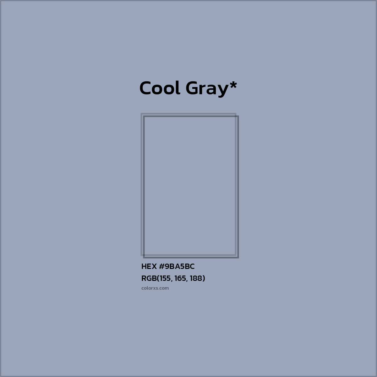 #9BA5BC hex color. RGB, RYB, CMYK, HSL, HSV codes and color conversions. Matching color names, palettes, paints.