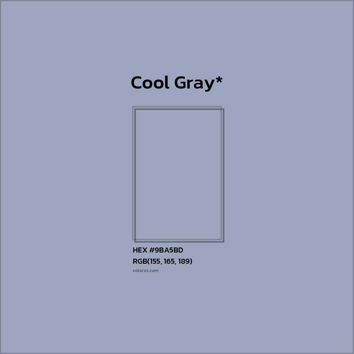 #9BA5BD hex color. RGB, RYB, CMYK, HSL, HSV codes and color conversions. Matching color names, palettes, paints.