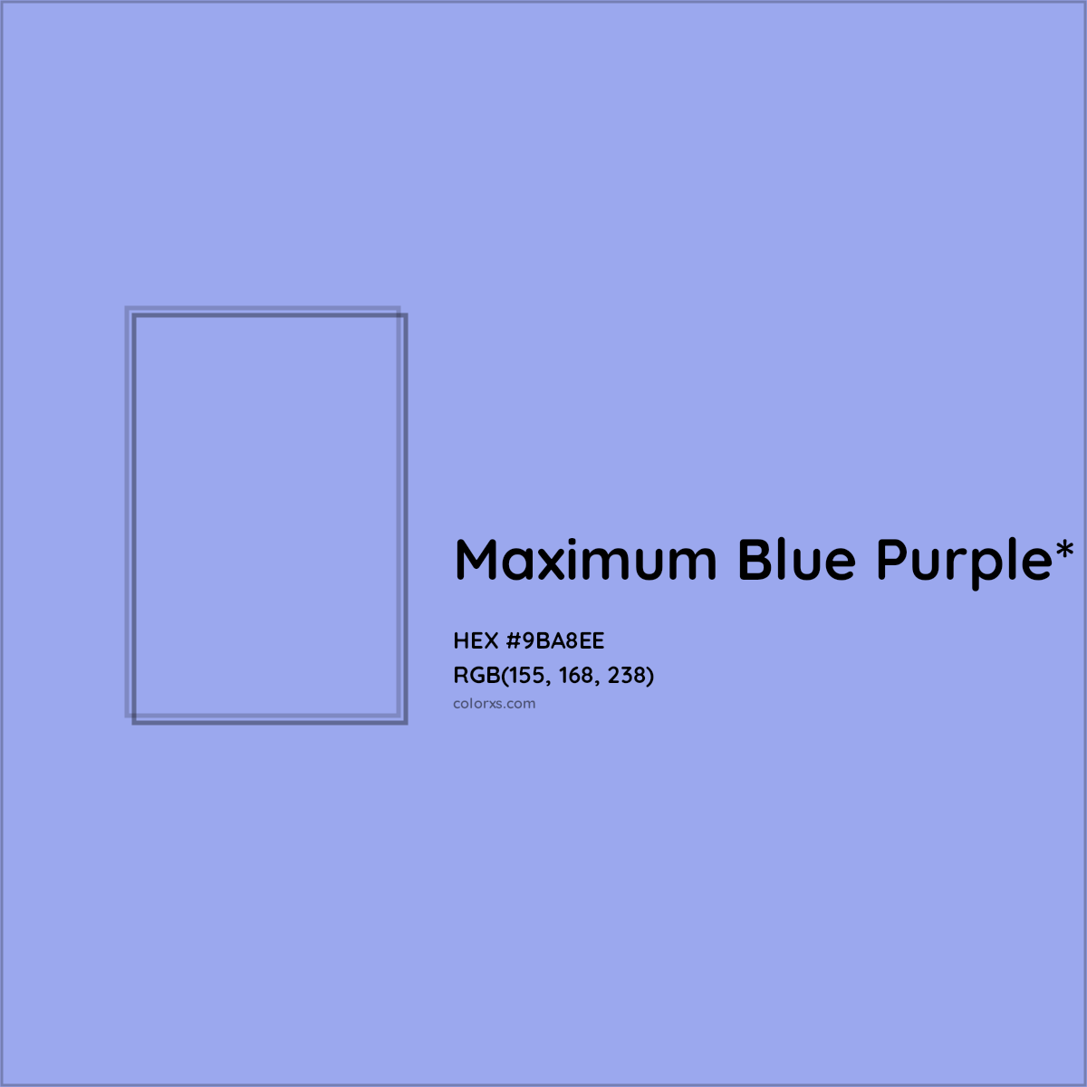 #9BA8EE hex color. RGB, RYB, CMYK, HSL, HSV codes and color conversions. Matching color names, palettes, paints.