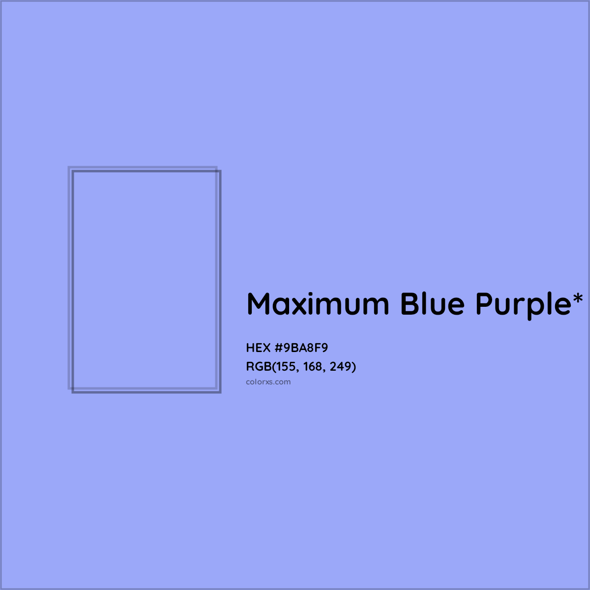 #9BA8F9 hex color. RGB, RYB, CMYK, HSL, HSV codes and color conversions. Matching color names, palettes, paints.