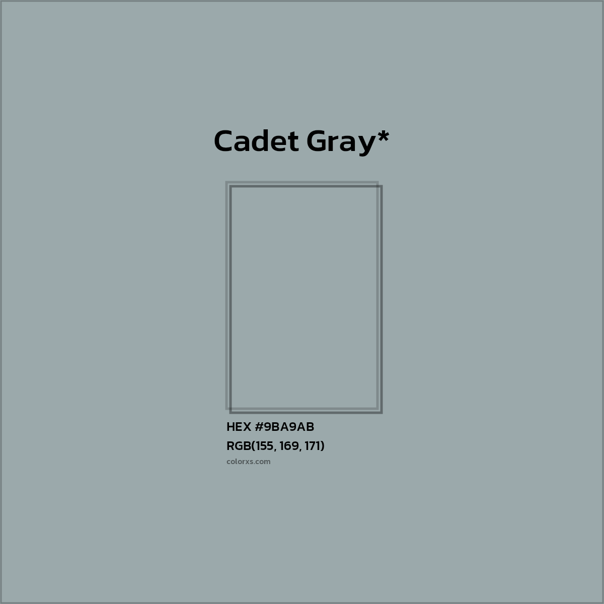 #9BA9AB hex color. RGB, RYB, CMYK, HSL, HSV codes and color conversions. Matching color names, palettes, paints.