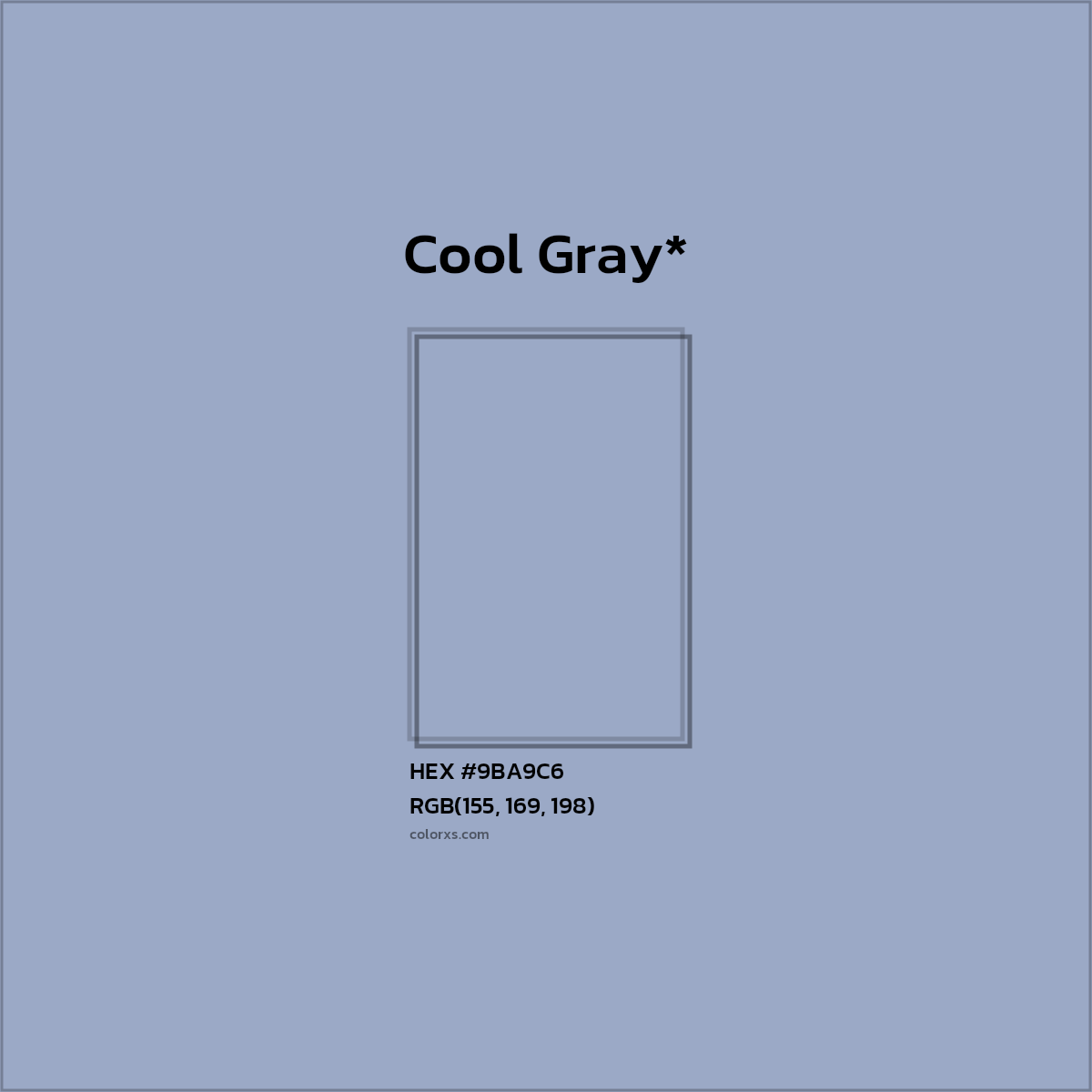 #9BA9C6 hex color. RGB, RYB, CMYK, HSL, HSV codes and color conversions. Matching color names, palettes, paints.