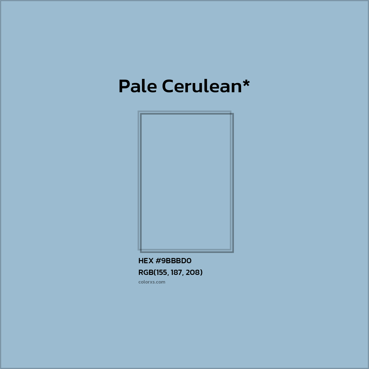 #9BBBD0 hex color. RGB, RYB, CMYK, HSL, HSV codes and color conversions. Matching color names, palettes, paints.
