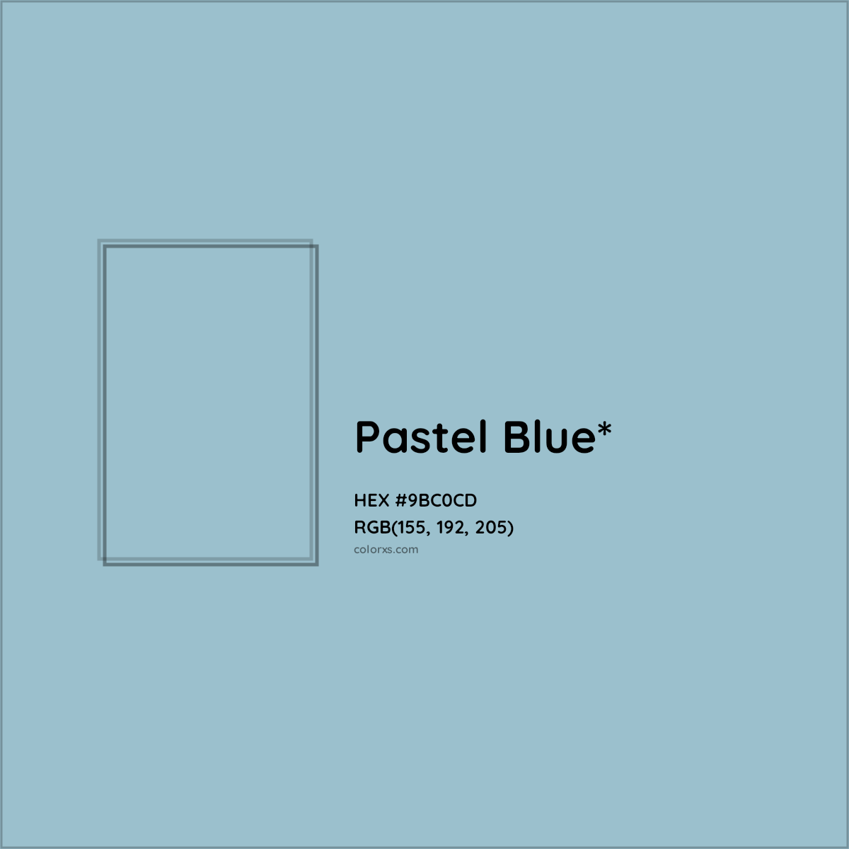 #9BC0CD hex color. RGB, RYB, CMYK, HSL, HSV codes and color conversions. Matching color names, palettes, paints.