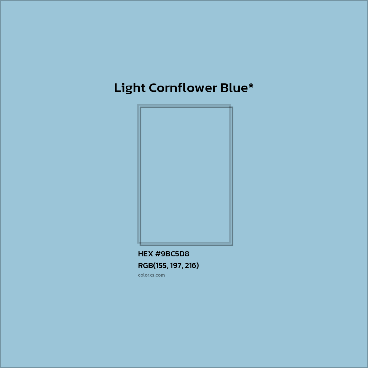 #9BC5D8 hex color. RGB, RYB, CMYK, HSL, HSV codes and color conversions. Matching color names, palettes, paints.