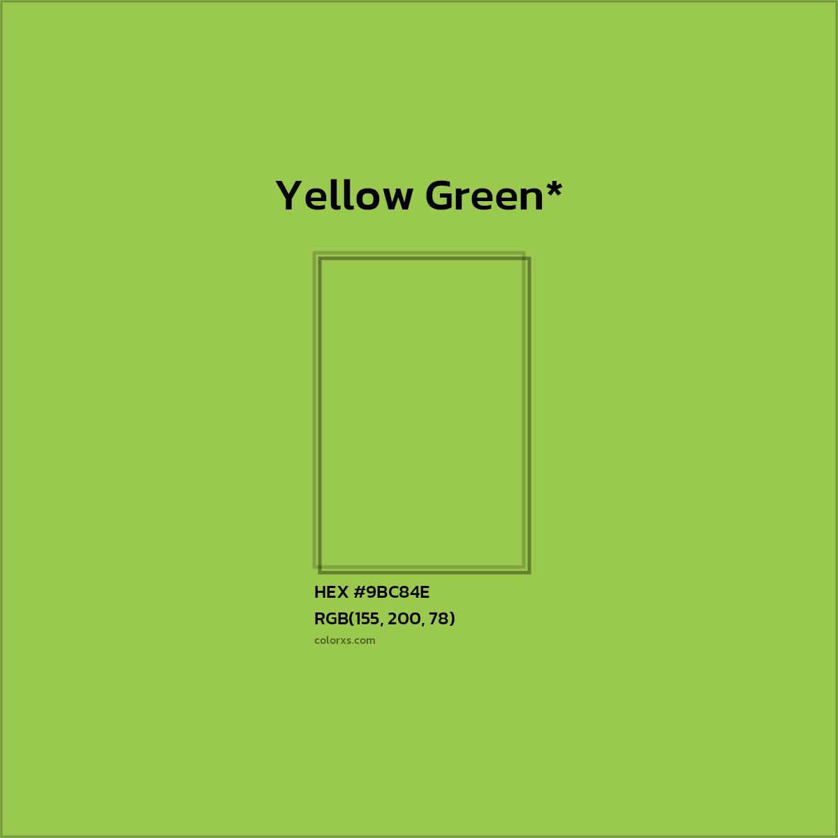 #9BC84E hex color. RGB, RYB, CMYK, HSL, HSV codes and color conversions. Matching color names, palettes, paints.