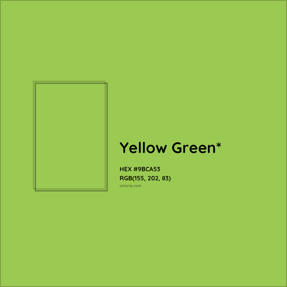 #9BCA53 hex color. RGB, RYB, CMYK, HSL, HSV codes and color conversions. Matching color names, palettes, paints.