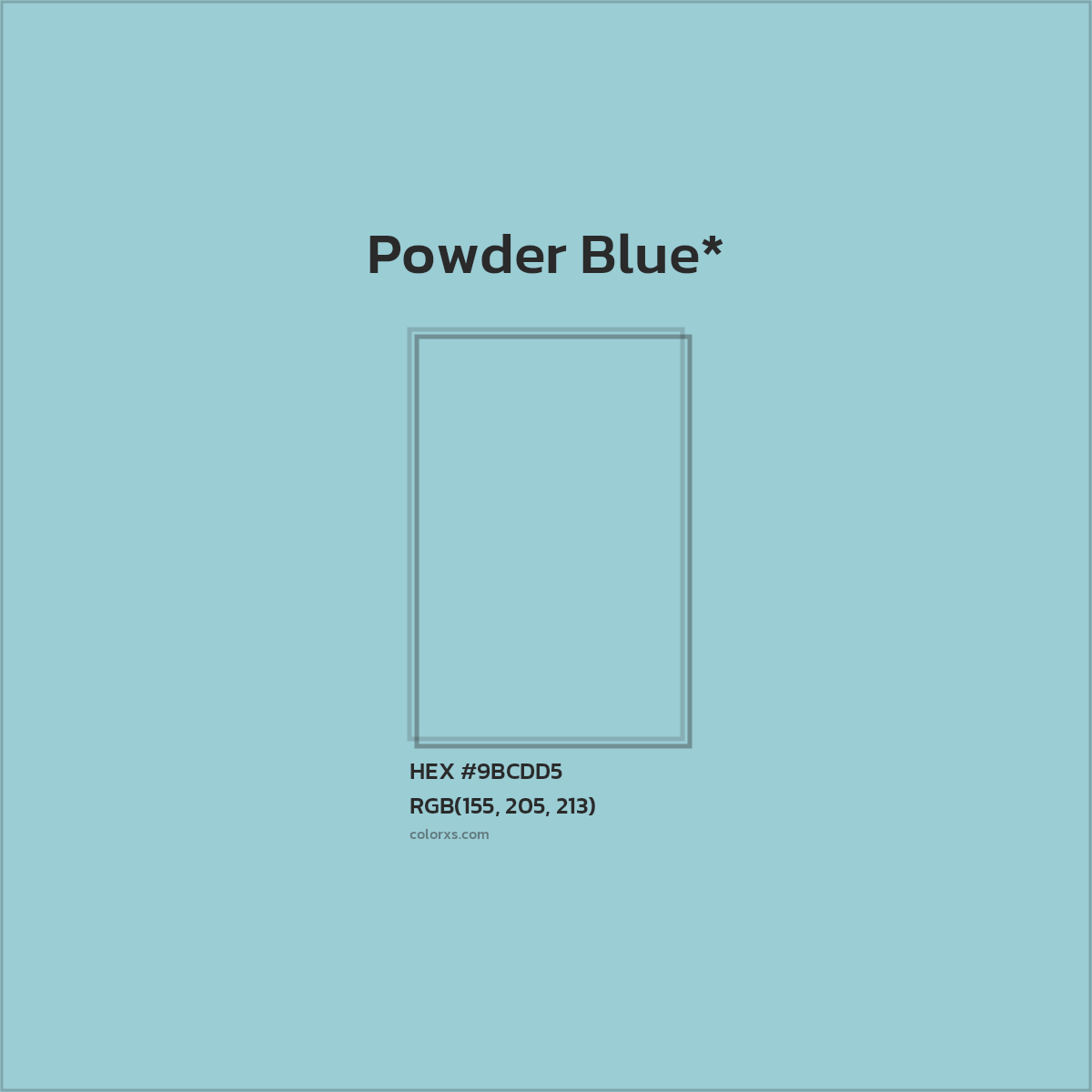 #9BCDD5 hex color. RGB, RYB, CMYK, HSL, HSV codes and color conversions. Matching color names, palettes, paints.