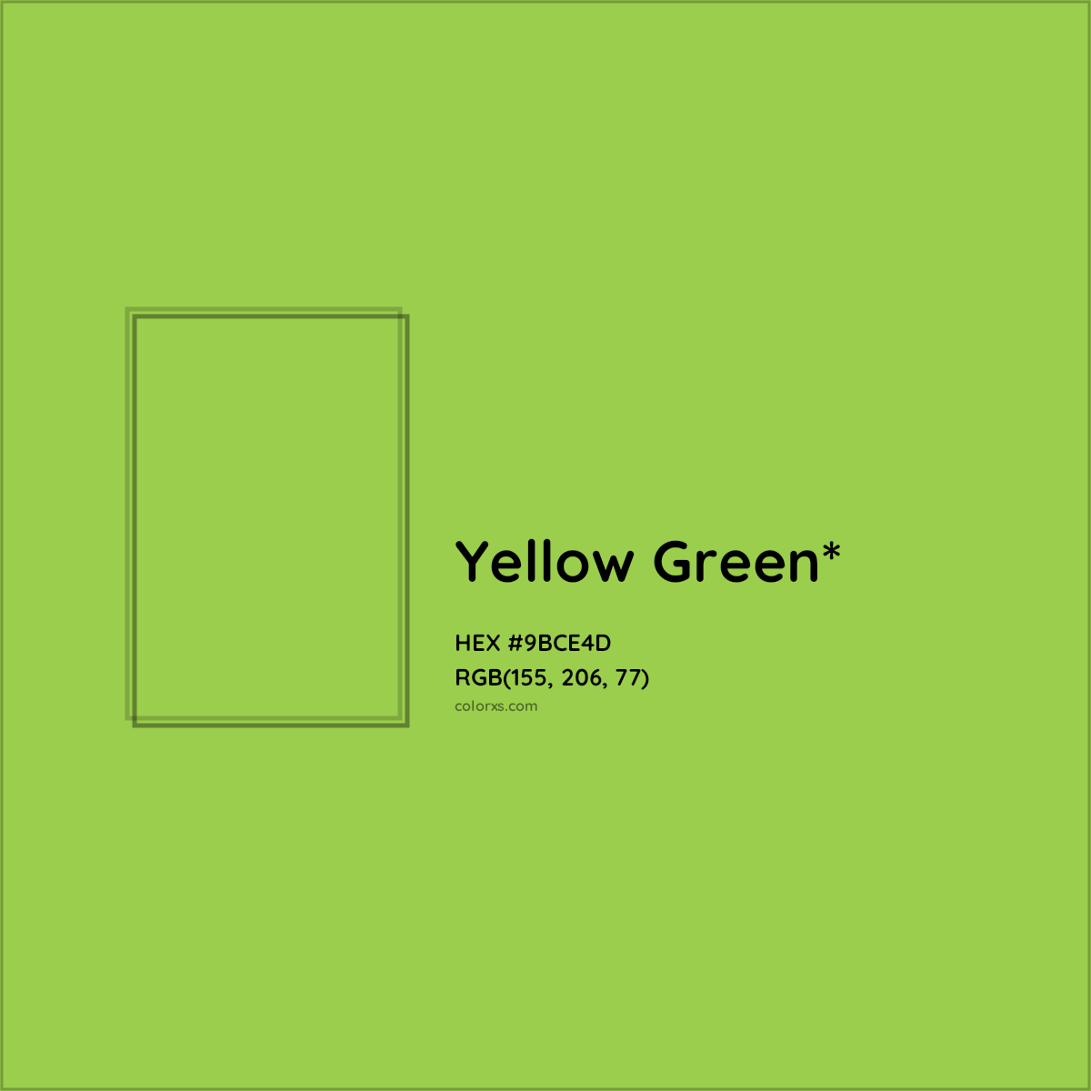 #9BCE4D hex color. RGB, RYB, CMYK, HSL, HSV codes and color conversions. Matching color names, palettes, paints.