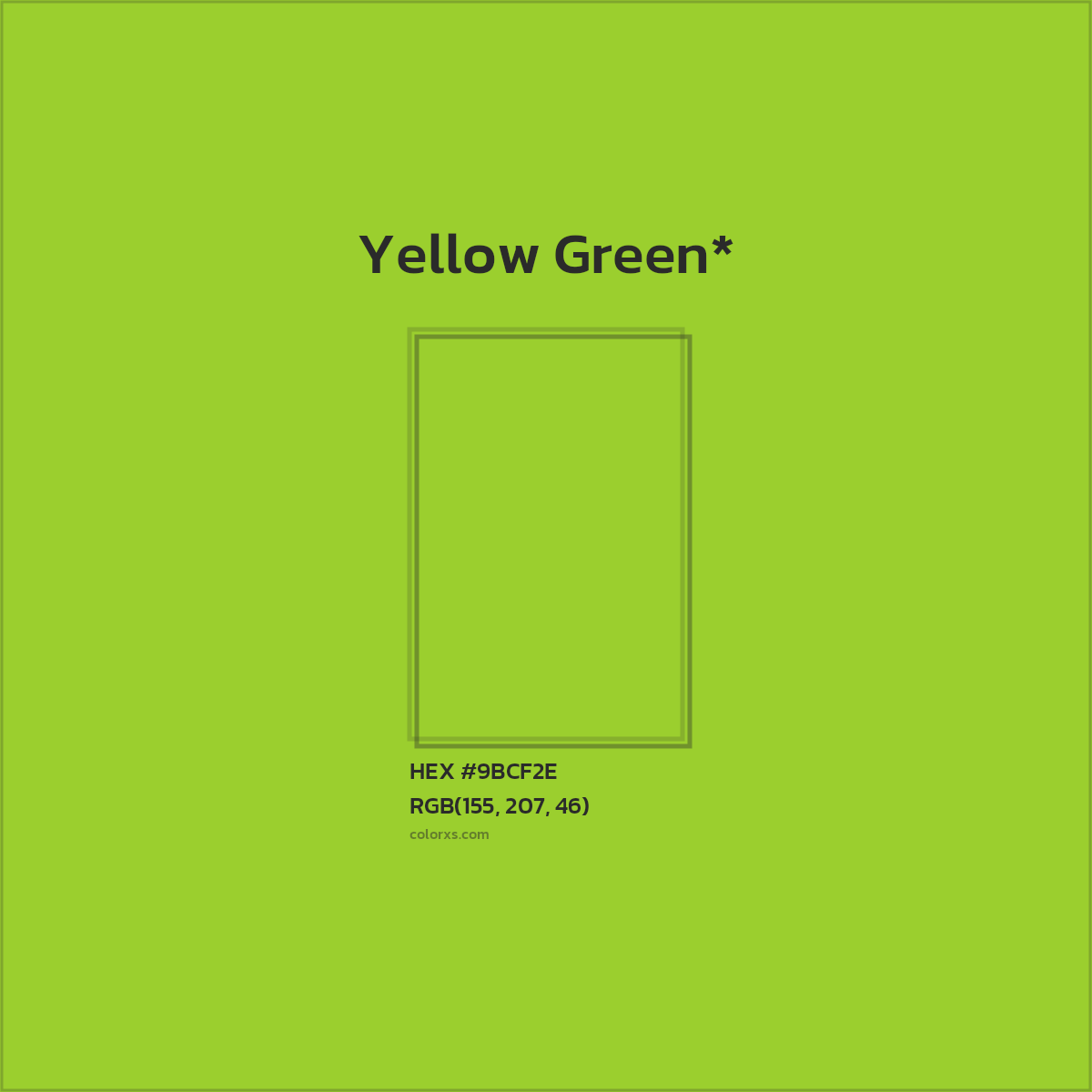 #9BCF2E hex color. RGB, RYB, CMYK, HSL, HSV codes and color conversions. Matching color names, palettes, paints.