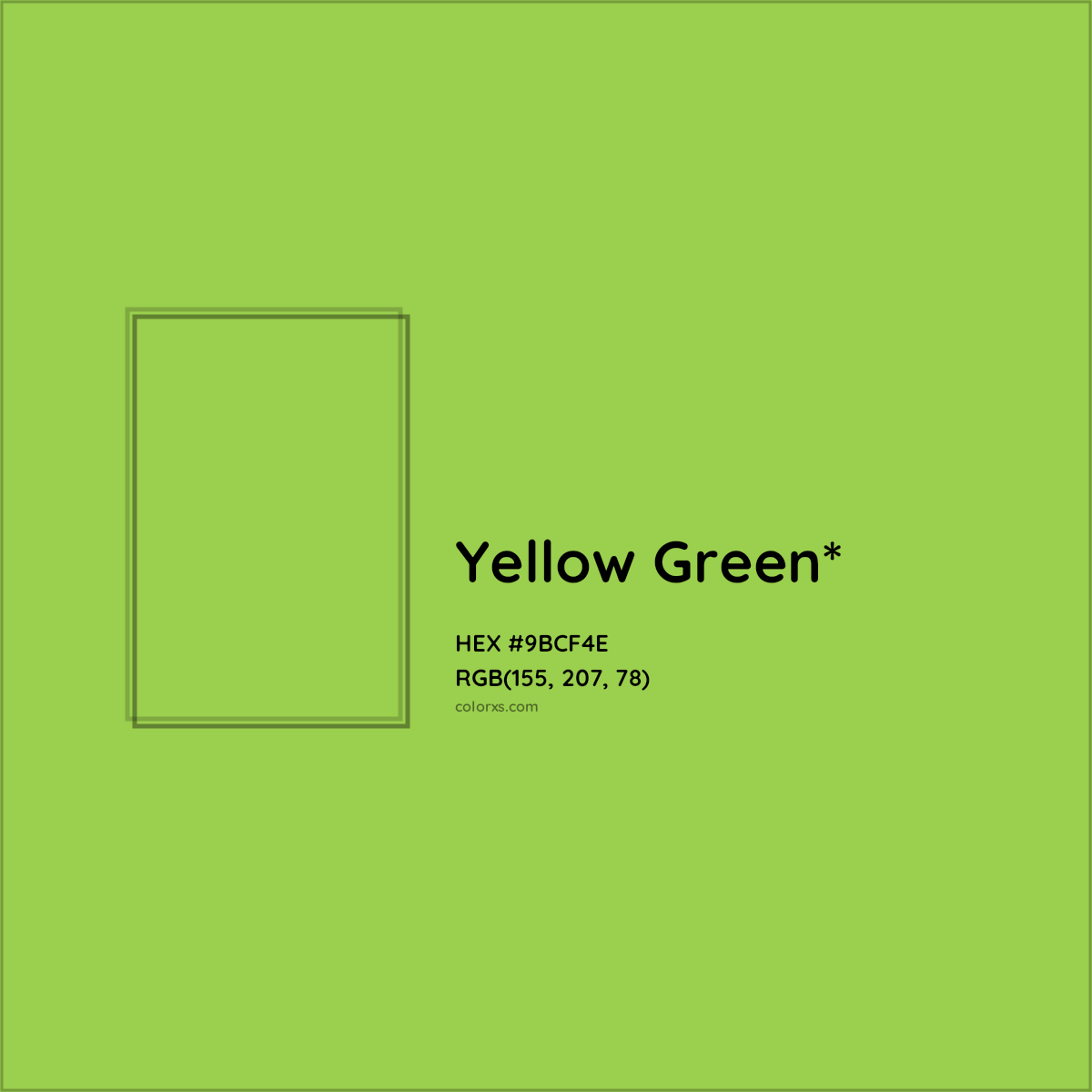 #9BCF4E hex color. RGB, RYB, CMYK, HSL, HSV codes and color conversions. Matching color names, palettes, paints.