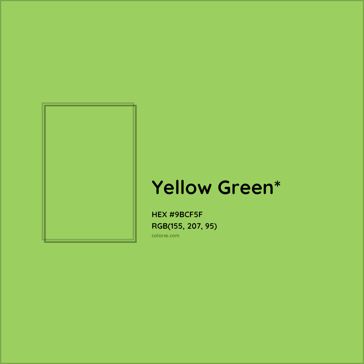 #9BCF5F hex color. RGB, RYB, CMYK, HSL, HSV codes and color conversions. Matching color names, palettes, paints.