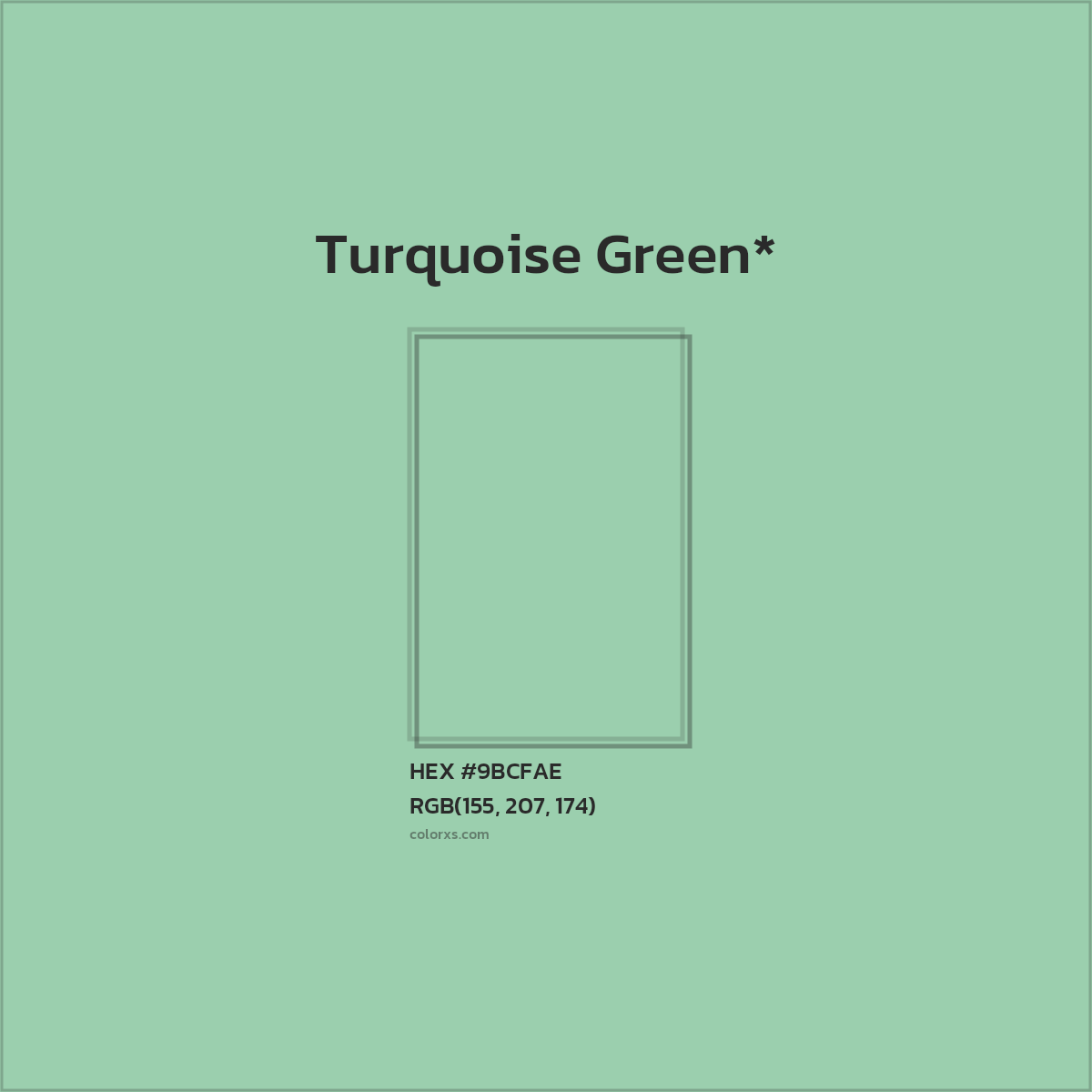 #9BCFAE hex color. RGB, RYB, CMYK, HSL, HSV codes and color conversions. Matching color names, palettes, paints.