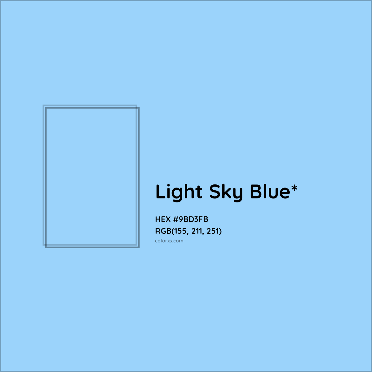 #9BD3FB hex color. RGB, RYB, CMYK, HSL, HSV codes and color conversions. Matching color names, palettes, paints.