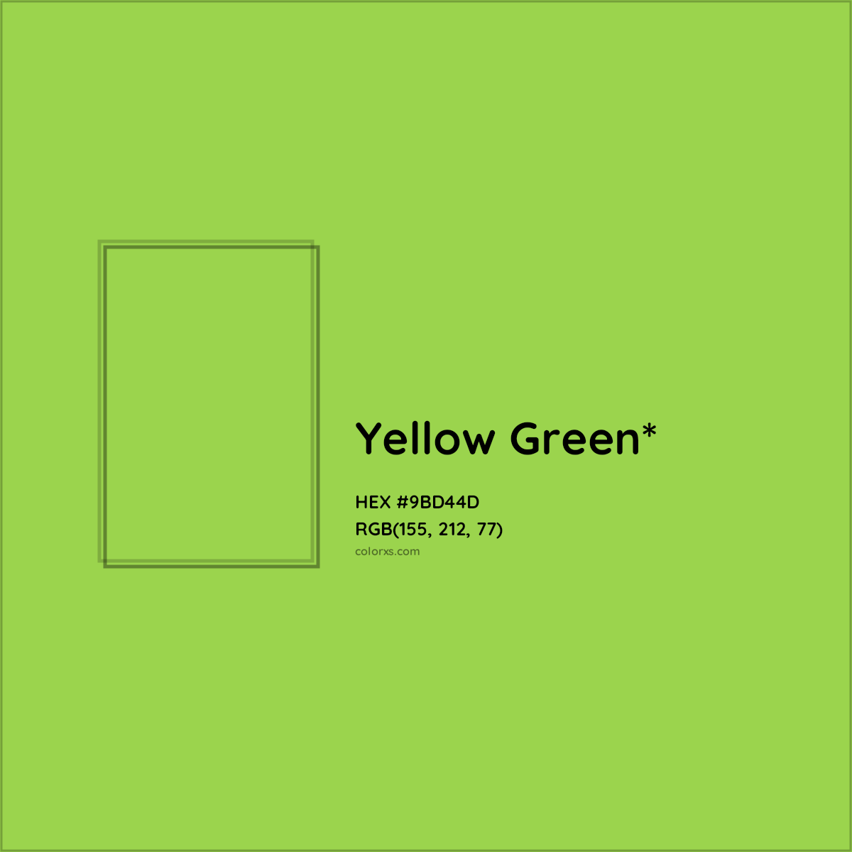 #9BD44D hex color. RGB, RYB, CMYK, HSL, HSV codes and color conversions. Matching color names, palettes, paints.