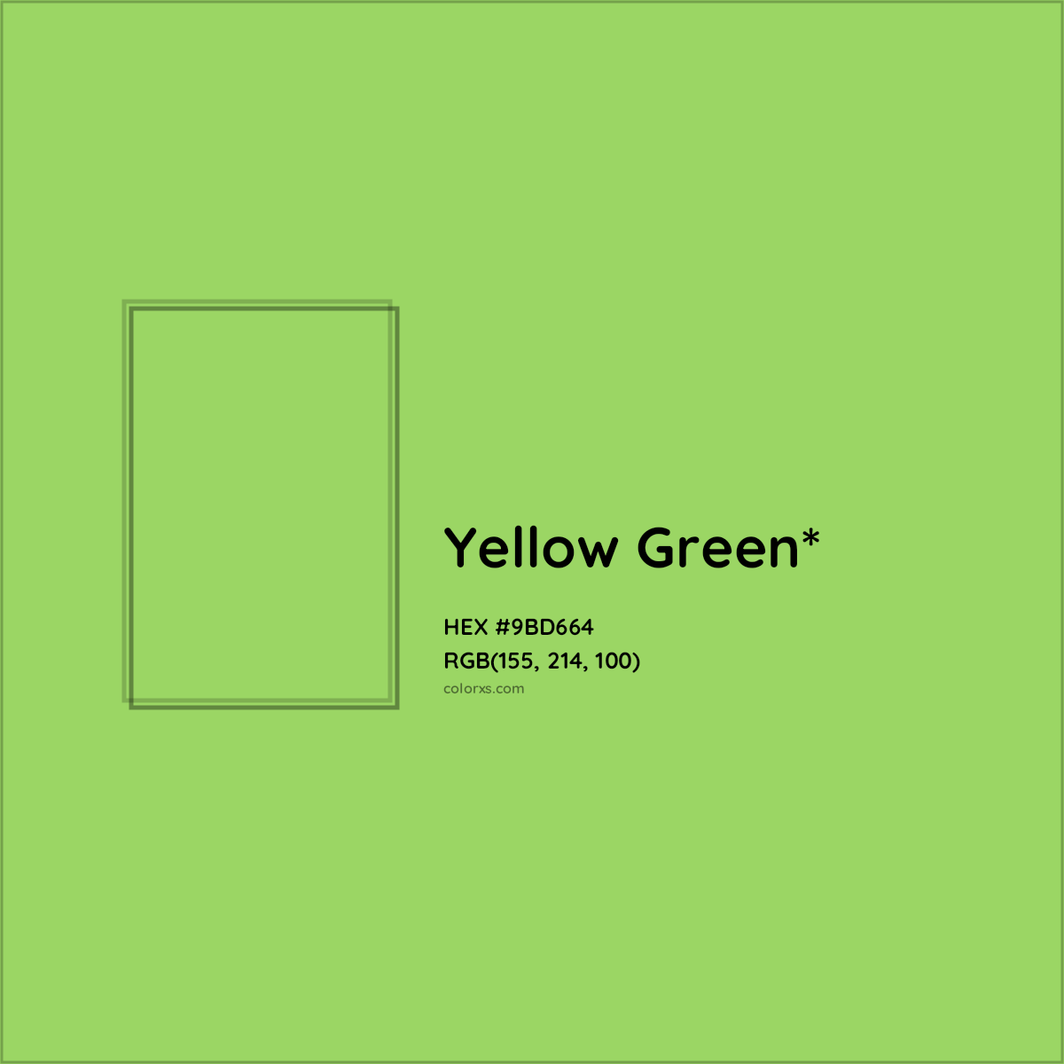 #9BD664 hex color. RGB, RYB, CMYK, HSL, HSV codes and color conversions. Matching color names, palettes, paints.