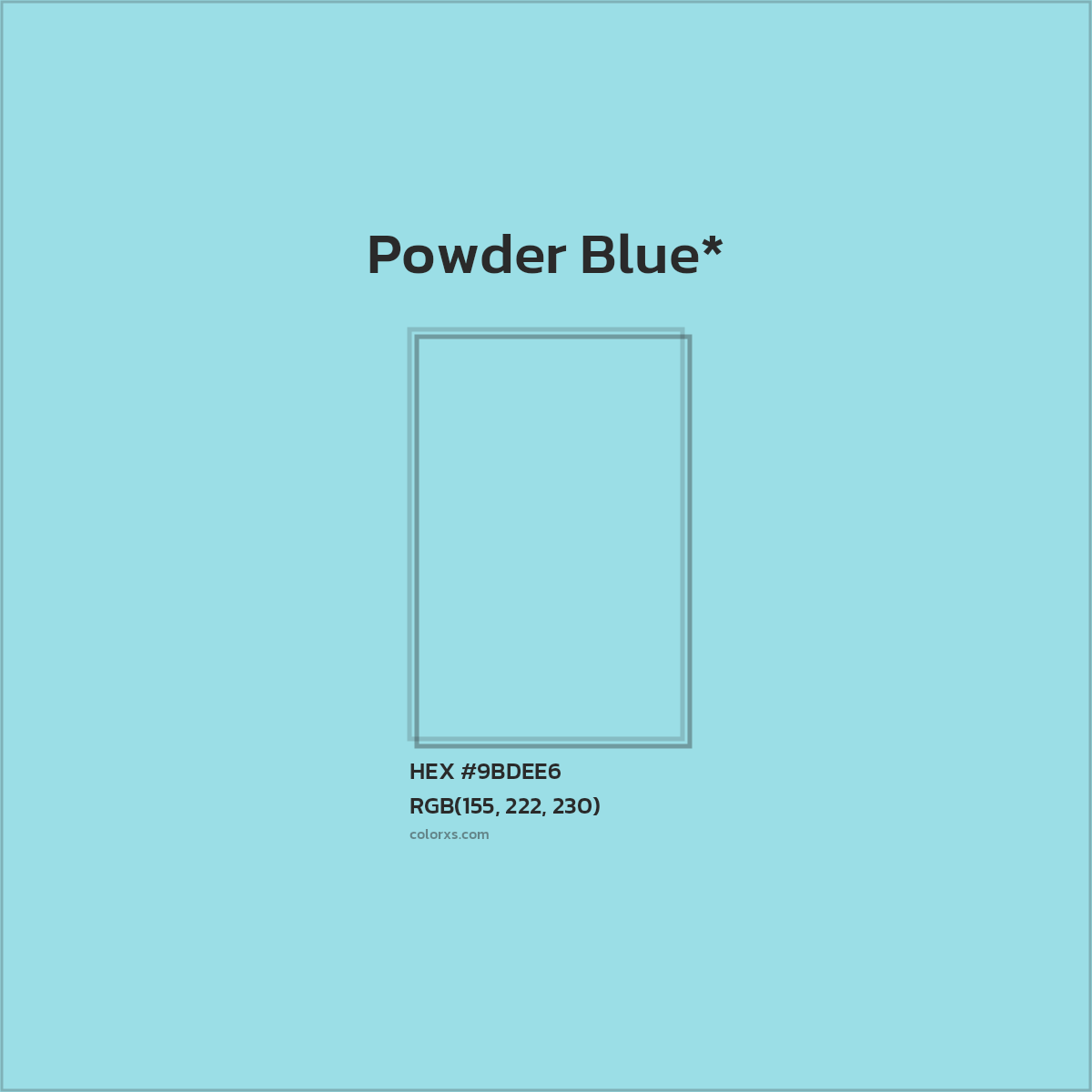 #9BDEE6 hex color. RGB, RYB, CMYK, HSL, HSV codes and color conversions. Matching color names, palettes, paints.