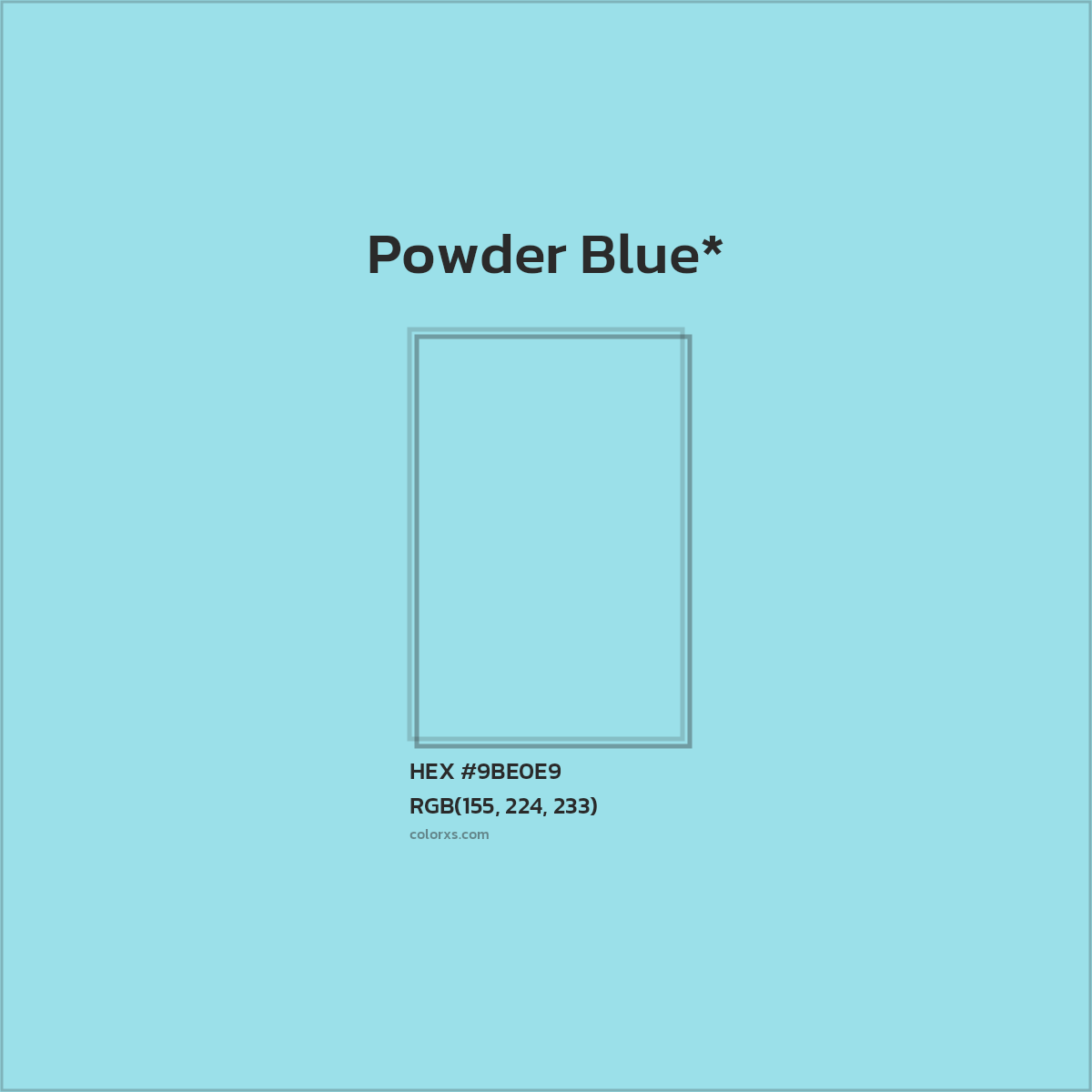 #9BE0E9 hex color. RGB, RYB, CMYK, HSL, HSV codes and color conversions. Matching color names, palettes, paints.