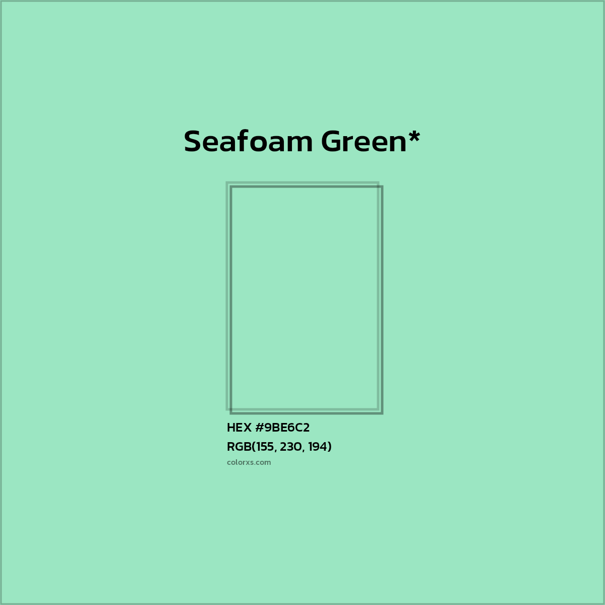 #9BE6C2 hex color. RGB, RYB, CMYK, HSL, HSV codes and color conversions. Matching color names, palettes, paints.