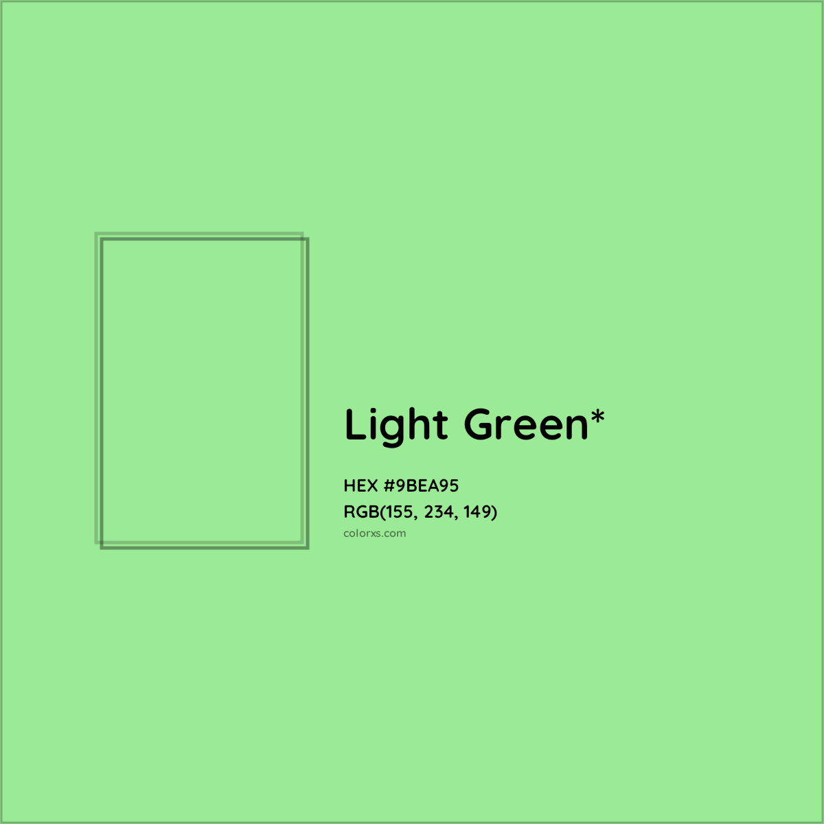 #9BEA95 hex color. RGB, RYB, CMYK, HSL, HSV codes and color conversions. Matching color names, palettes, paints.