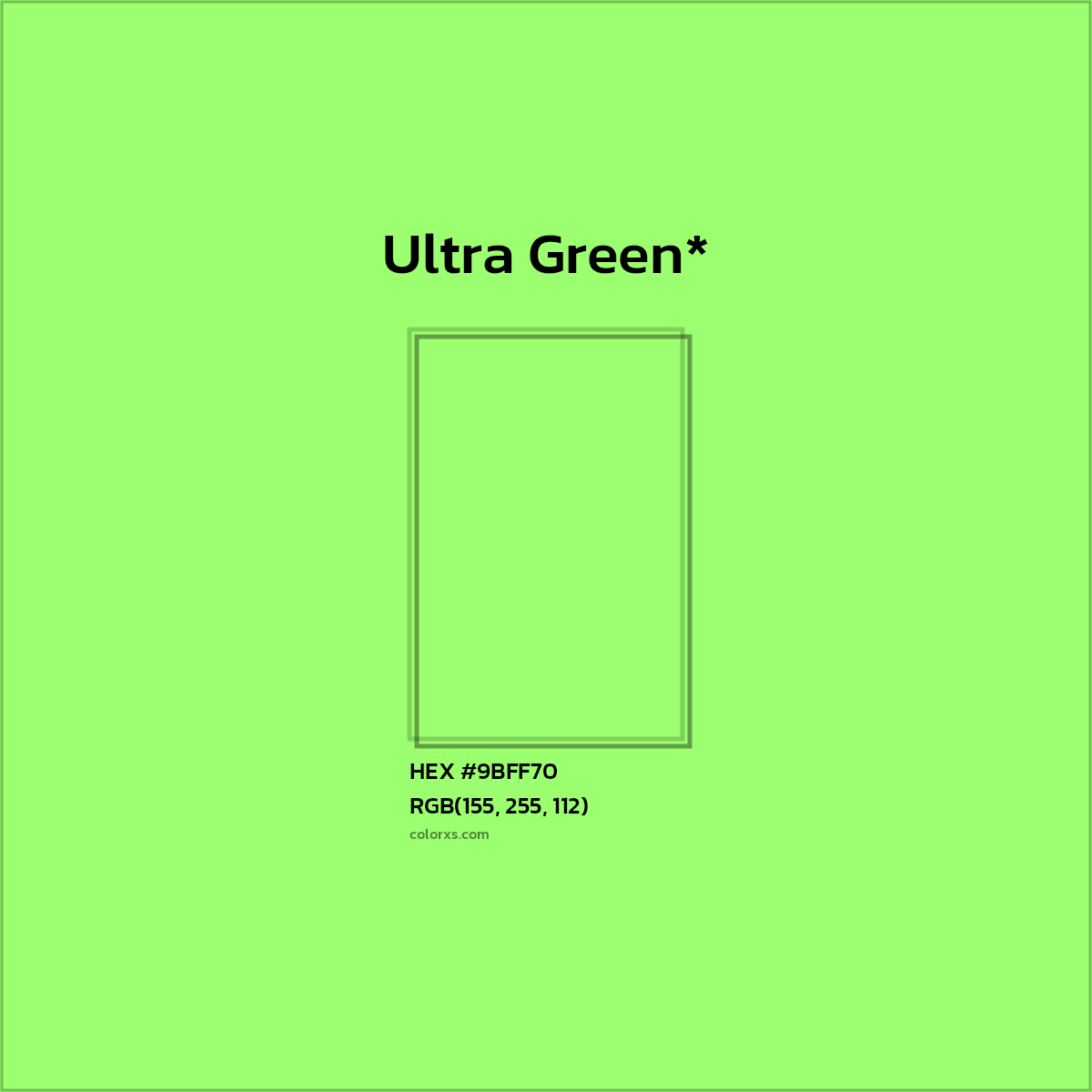 #9BFF70 hex color. RGB, RYB, CMYK, HSL, HSV codes and color conversions. Matching color names, palettes, paints.