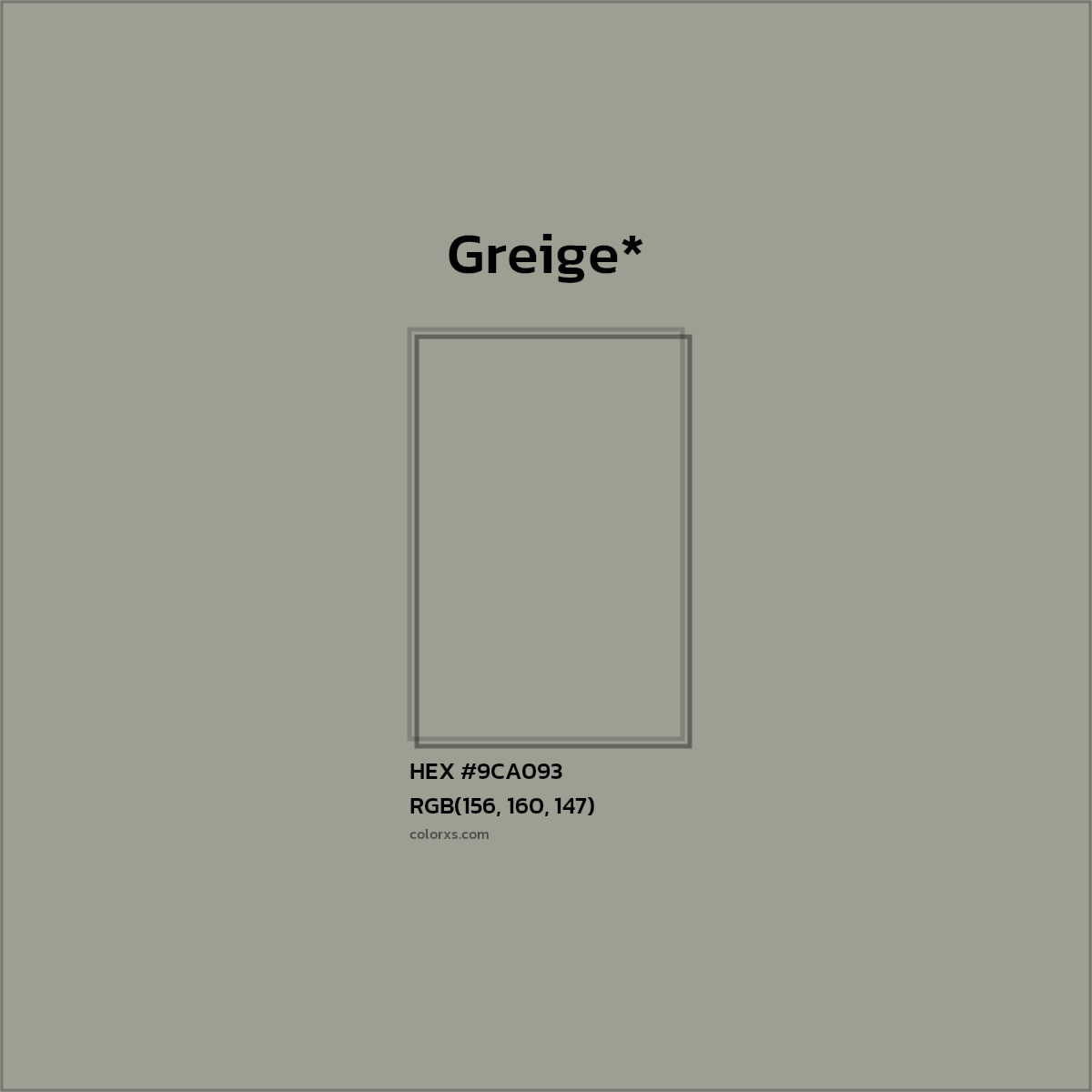 #9CA093 hex color. RGB, RYB, CMYK, HSL, HSV codes and color conversions. Matching color names, palettes, paints.