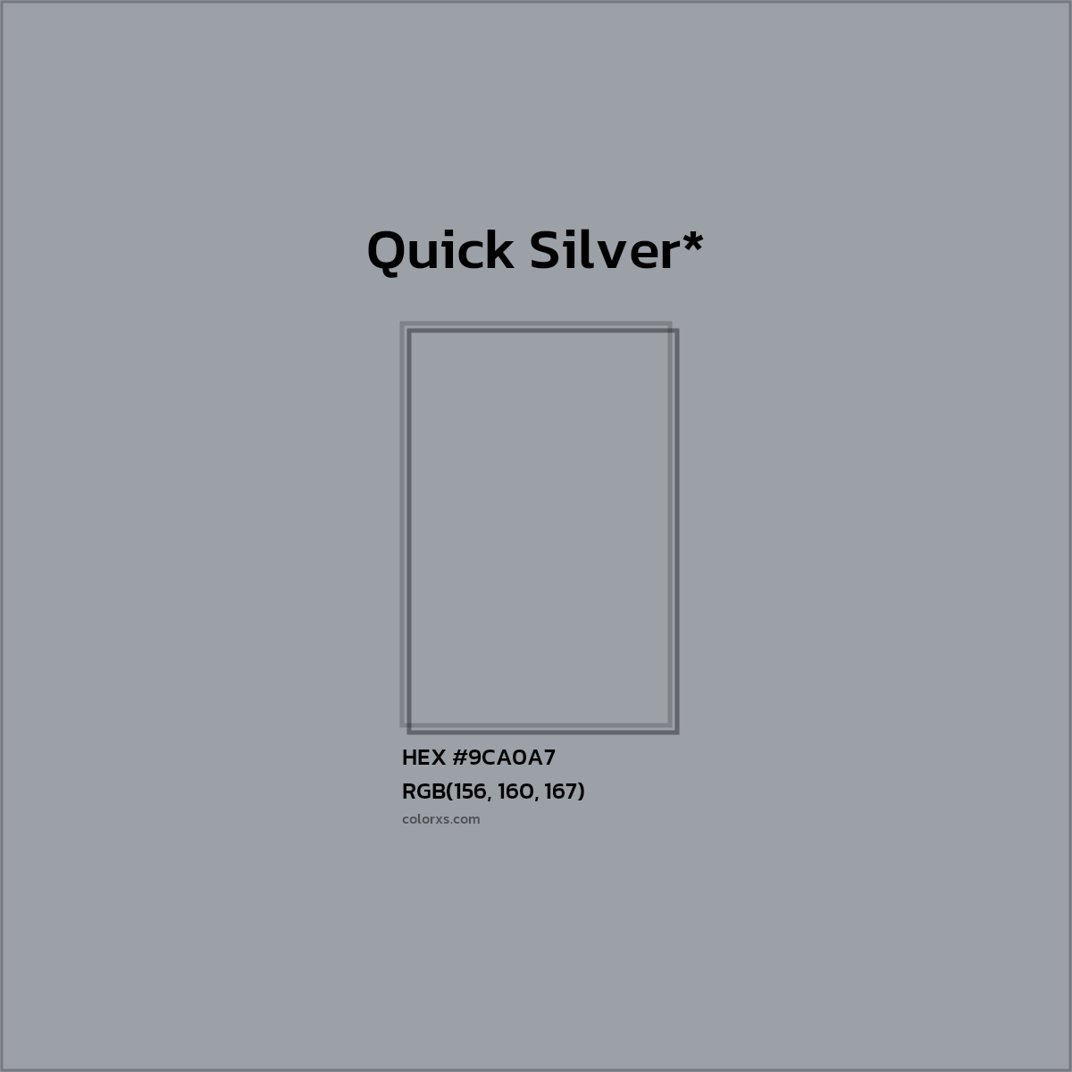 #9CA0A7 hex color. RGB, RYB, CMYK, HSL, HSV codes and color conversions. Matching color names, palettes, paints.