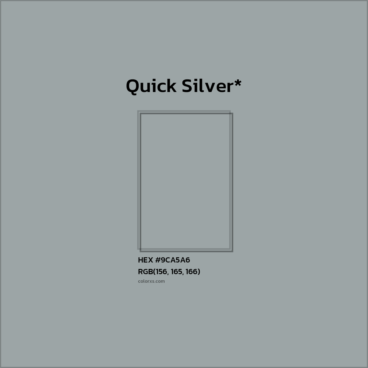 #9CA5A6 hex color. RGB, RYB, CMYK, HSL, HSV codes and color conversions. Matching color names, palettes, paints.
