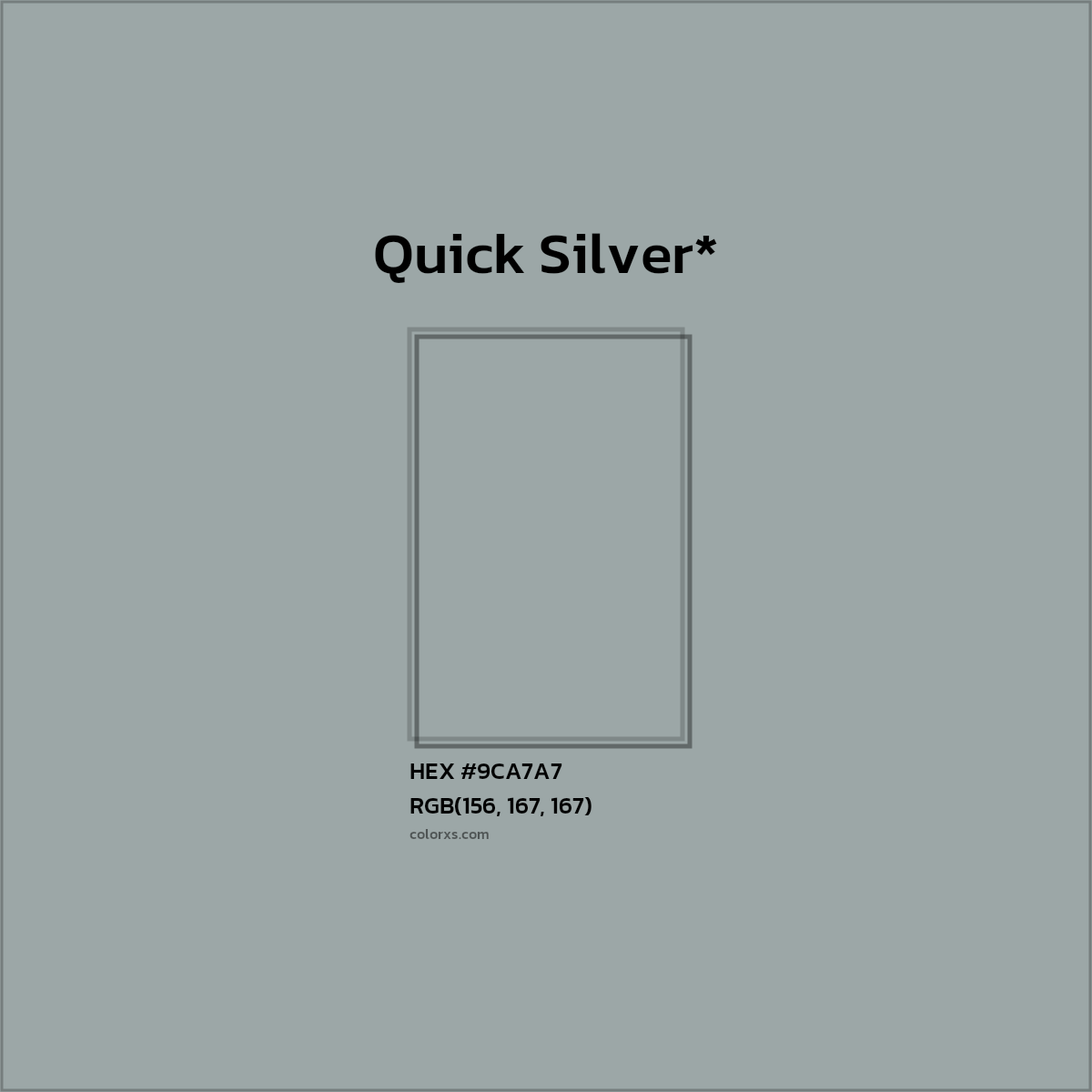 #9CA7A7 hex color. RGB, RYB, CMYK, HSL, HSV codes and color conversions. Matching color names, palettes, paints.