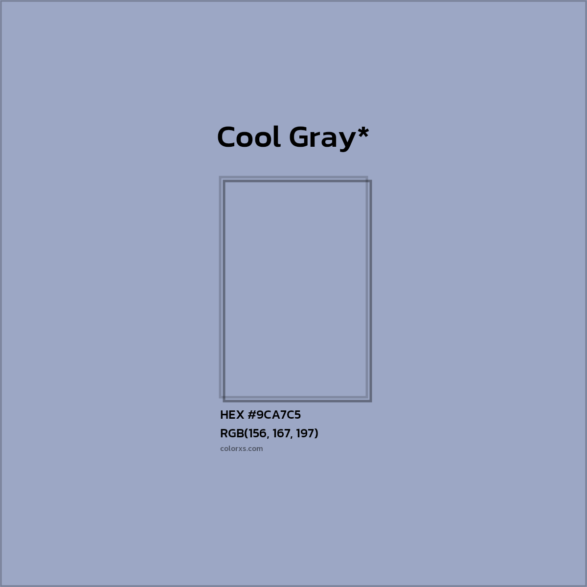#9CA7C5 hex color. RGB, RYB, CMYK, HSL, HSV codes and color conversions. Matching color names, palettes, paints.