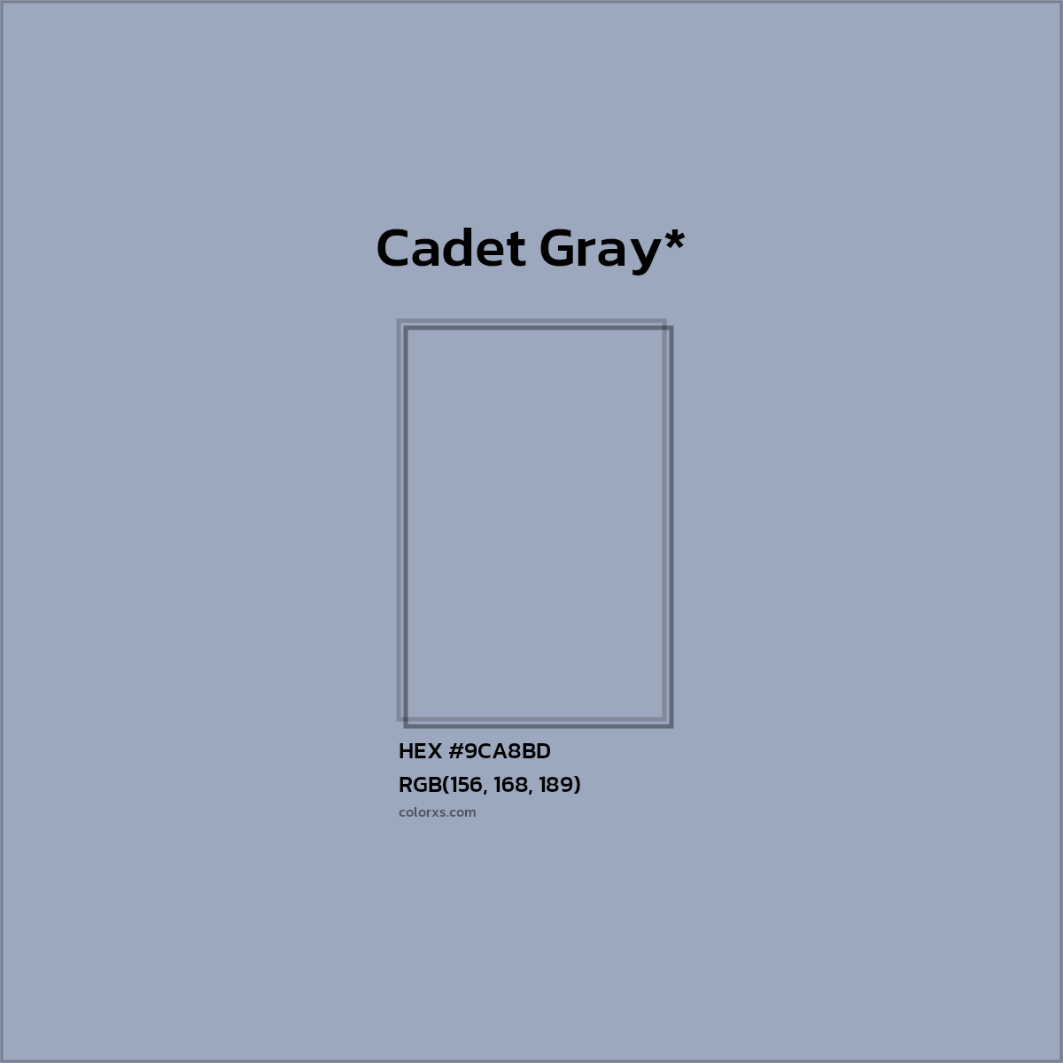 #9CA8BD hex color. RGB, RYB, CMYK, HSL, HSV codes and color conversions. Matching color names, palettes, paints.