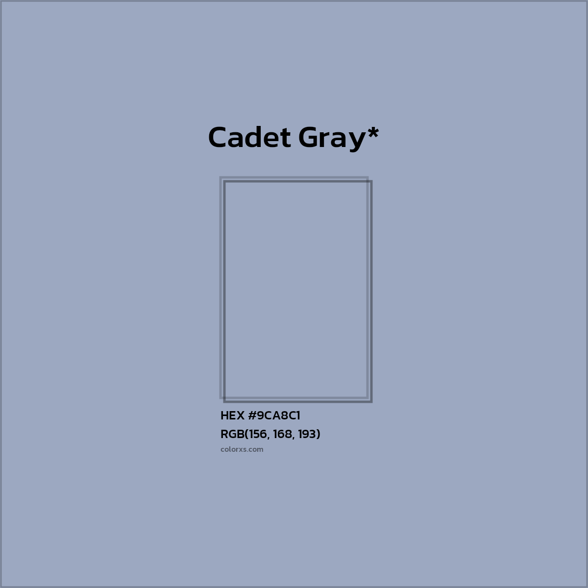 #9CA8C1 hex color. RGB, RYB, CMYK, HSL, HSV codes and color conversions. Matching color names, palettes, paints.