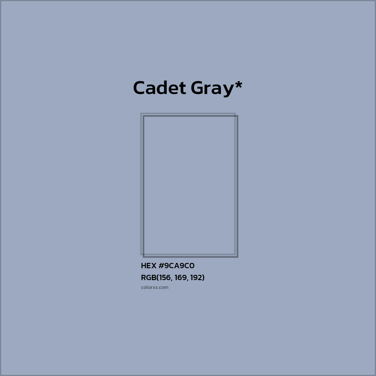 #9CA9C0 hex color. RGB, RYB, CMYK, HSL, HSV codes and color conversions. Matching color names, palettes, paints.