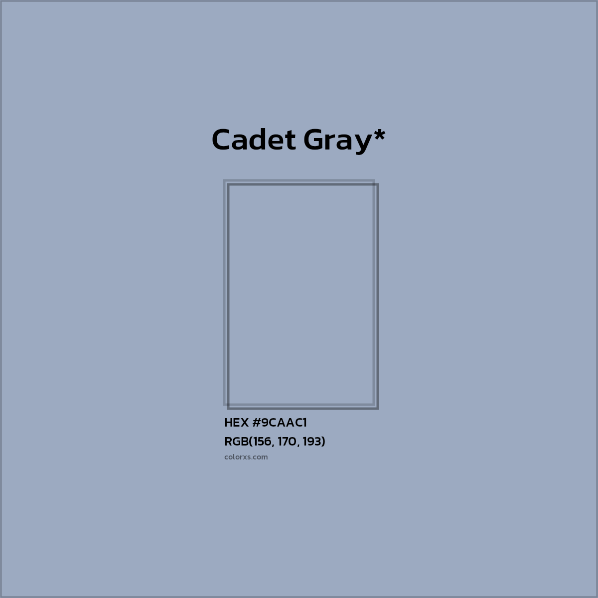 #9CAAC1 hex color. RGB, RYB, CMYK, HSL, HSV codes and color conversions. Matching color names, palettes, paints.