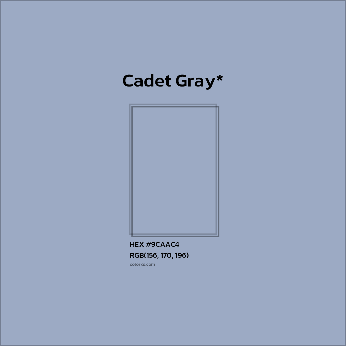 #9CAAC4 hex color. RGB, RYB, CMYK, HSL, HSV codes and color conversions. Matching color names, palettes, paints.