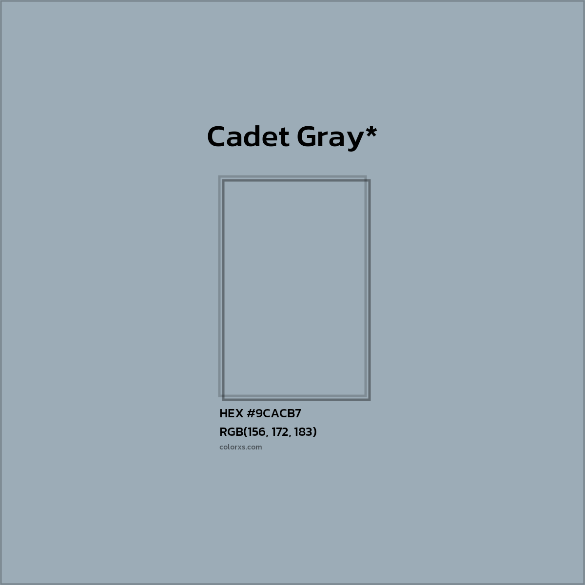 #9CACB7 hex color. RGB, RYB, CMYK, HSL, HSV codes and color conversions. Matching color names, palettes, paints.
