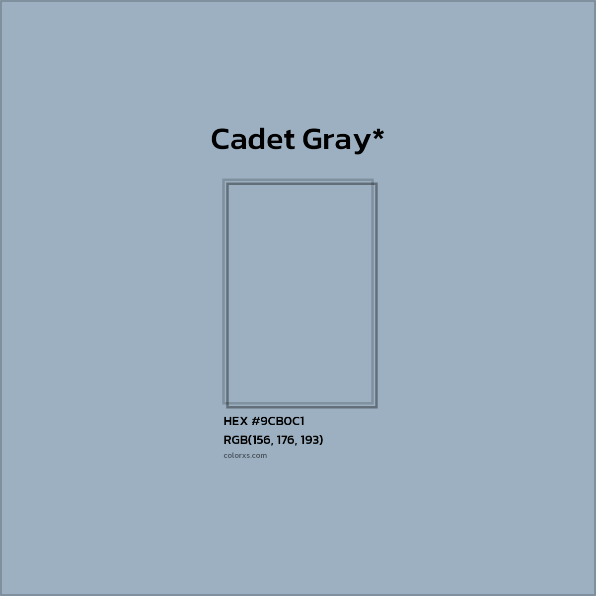 #9CB0C1 hex color. RGB, RYB, CMYK, HSL, HSV codes and color conversions. Matching color names, palettes, paints.